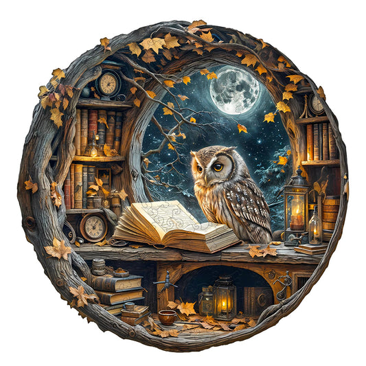 WOODBESTS Moonlit Owl puzzle in hollow library invites calm focus