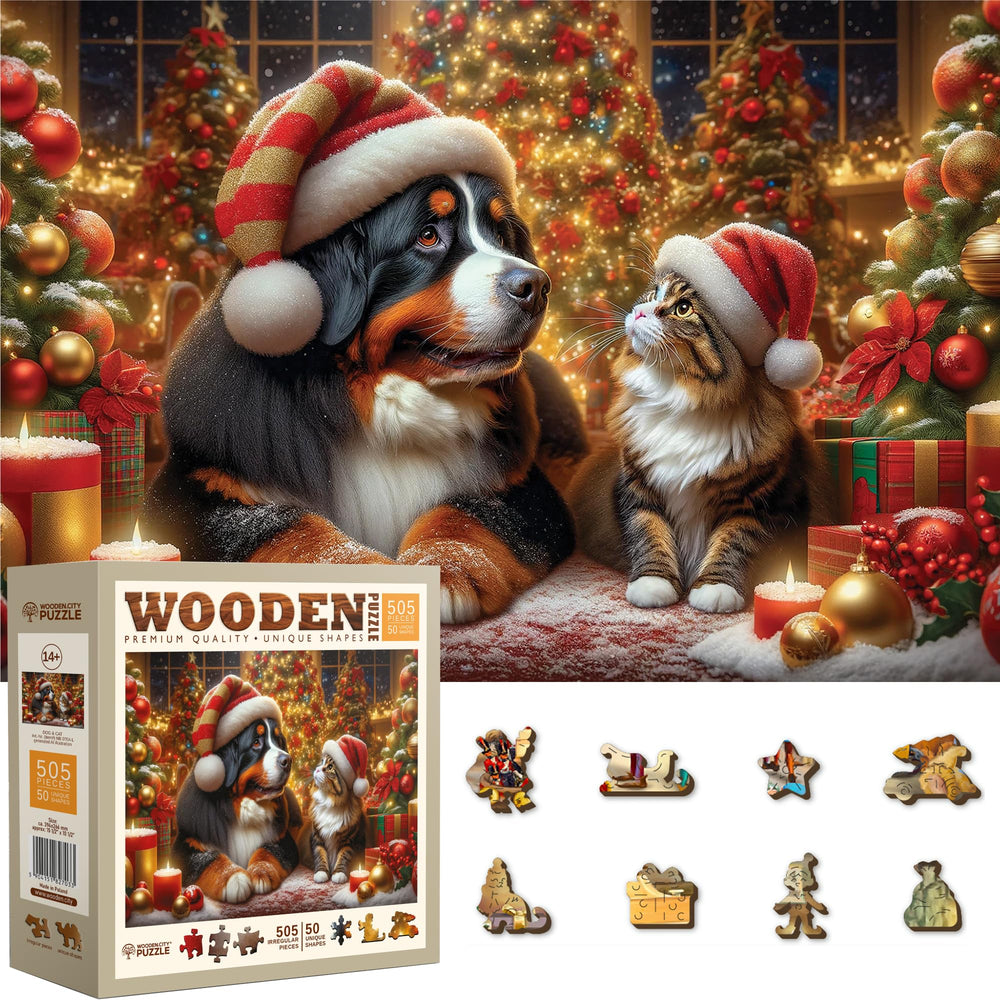 WOODEN.CITY 500-piece puzzle featuring a festive dog and cat for cozy family fun