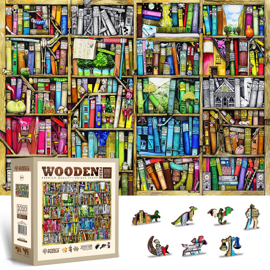 Wooden.City Bookshelf Artwork 1000-piece puzzle reveals vibrant shelves for cozy evenings
