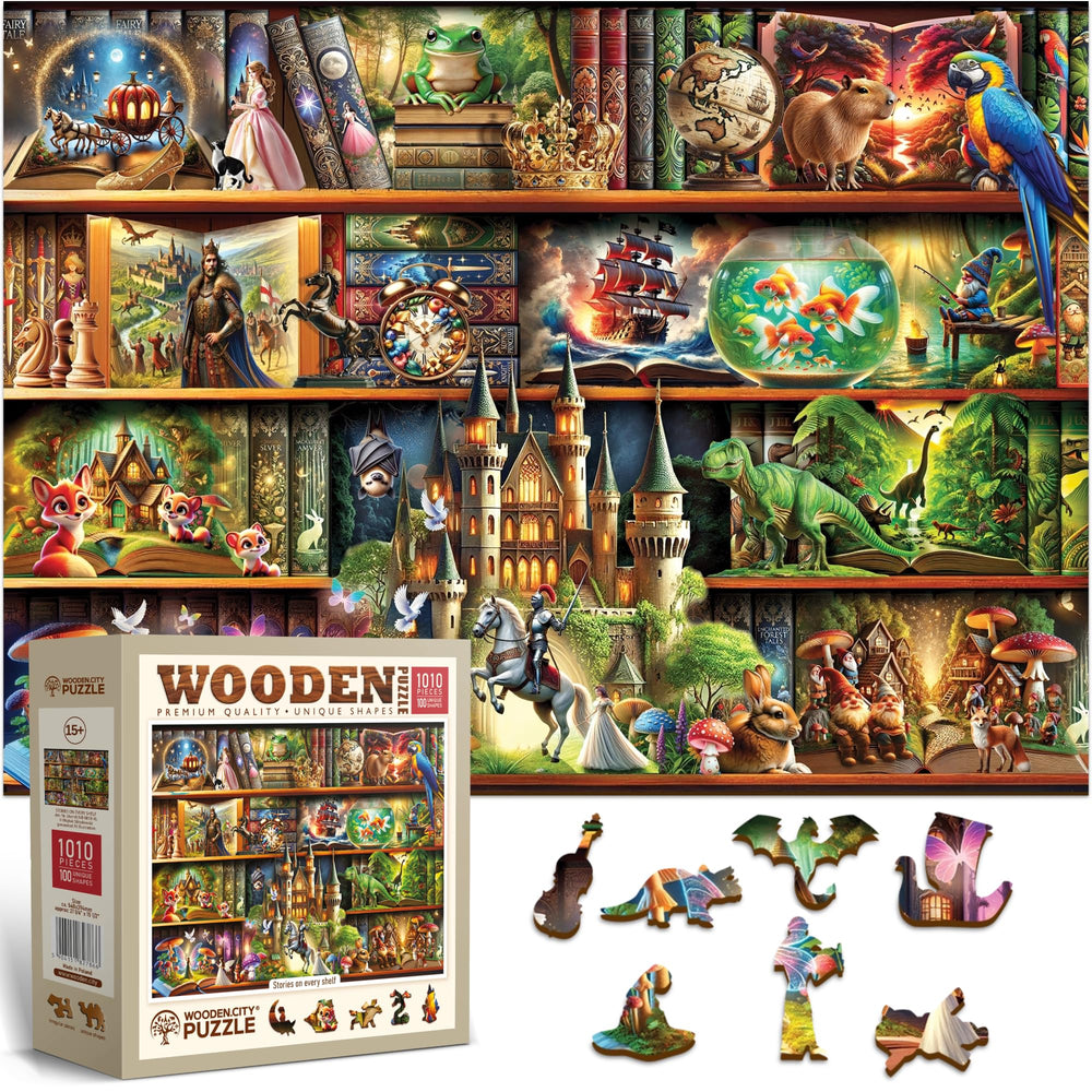 WOODEN.CITY Bookshelf Scene 1000pc puzzle for immersive solo puzzling and calm evenings.