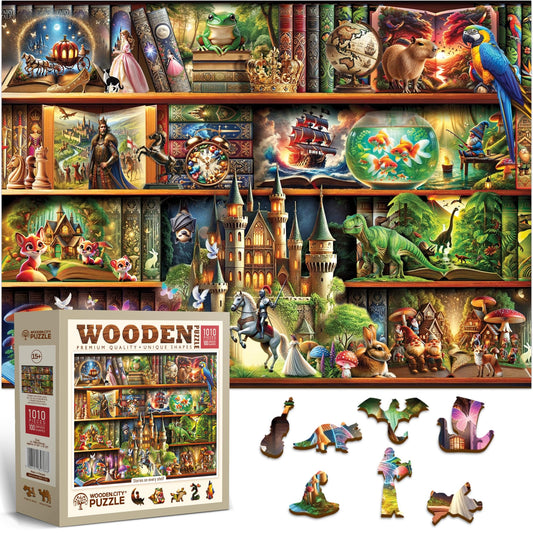 WOODEN.CITY Bookshelf Scene 1000pc puzzle for immersive solo puzzling and calm evenings.