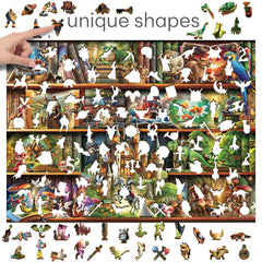 WOODEN.CITY Creatures on shelf scene sparks curiosity and storytelling as pieces fit.