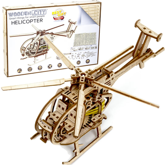 WOODEN.CITY Helicopter 3D model front view for engaging, glue-free STEM learning.
