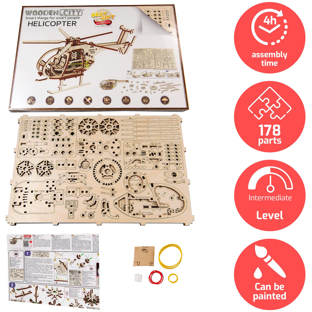 WOODEN.CITY Helicopter 3D model instruction page shows clear, glue-free assembly steps.
