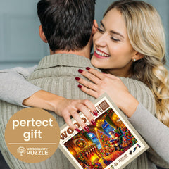 WOODEN.CITY puzzle box and wooden pieces ready for immediate play.