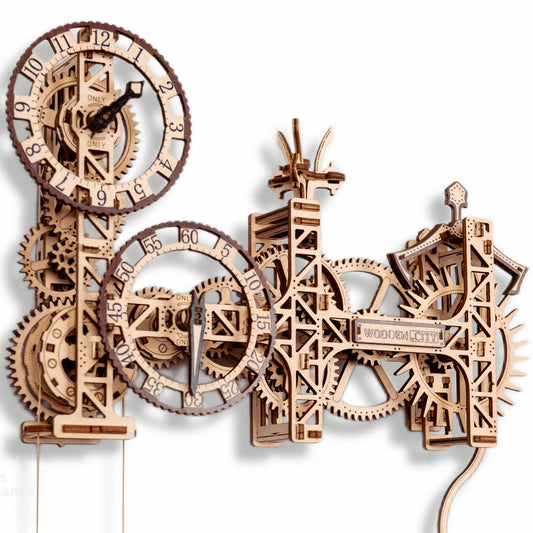 WOODEN.CITY steampunk wall clock assembly showing precision-cut birch pieces for a satisfying build.