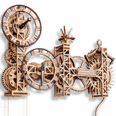 WOODEN.CITY steampunk wall clock assembly showing precision-cut birch pieces for a satisfying build.