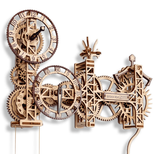 WOODEN.CITY steampunk wall clock kit in assembly step for a striking centerpiece.