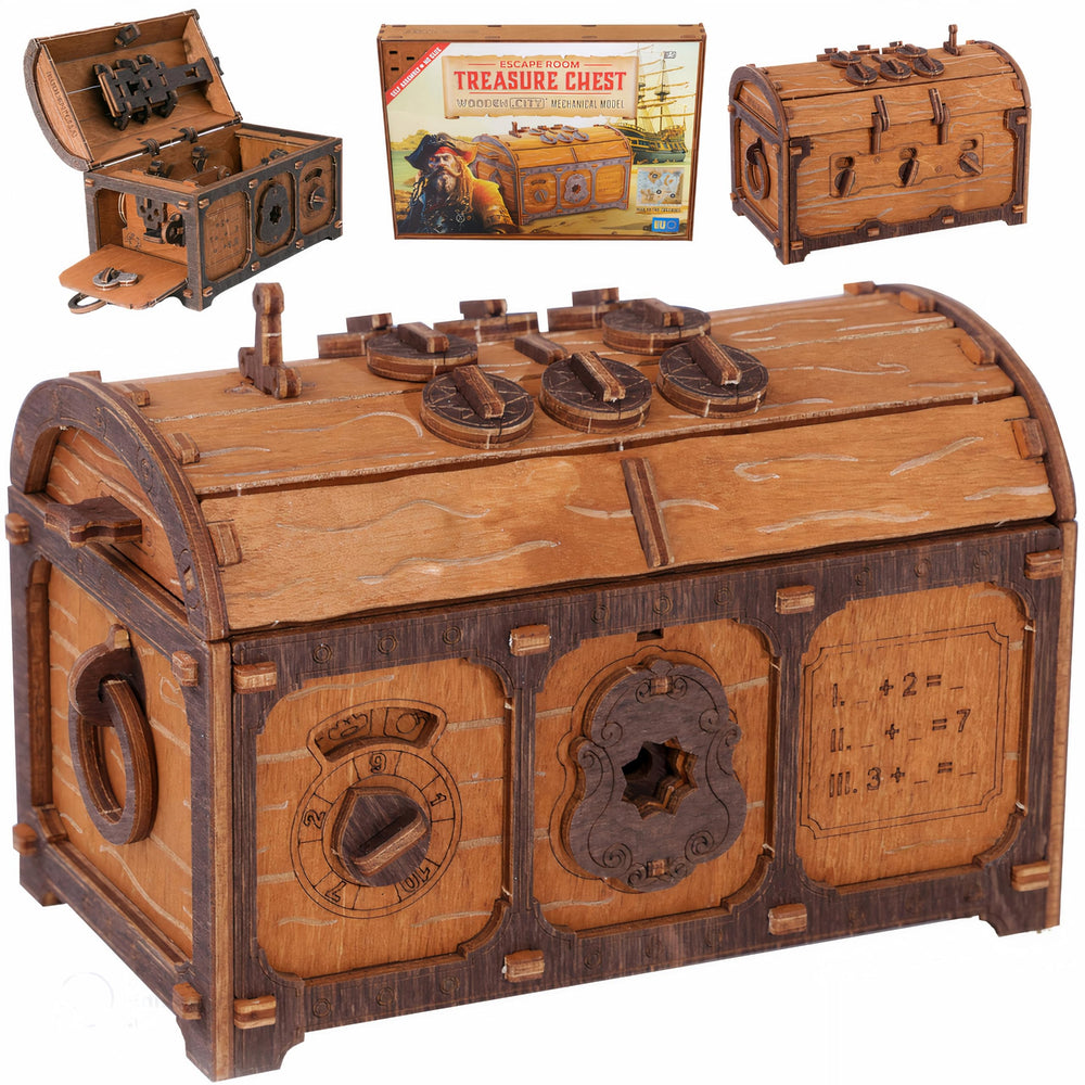 Wooden.City Treasure Chest Puzzle Box assembled, reveals hidden compartment after solving.