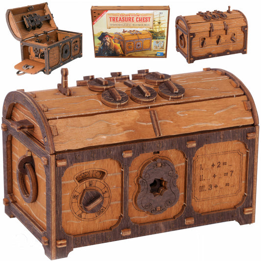 Wooden.City Treasure Chest Puzzle Box assembled, reveals hidden compartment after solving.