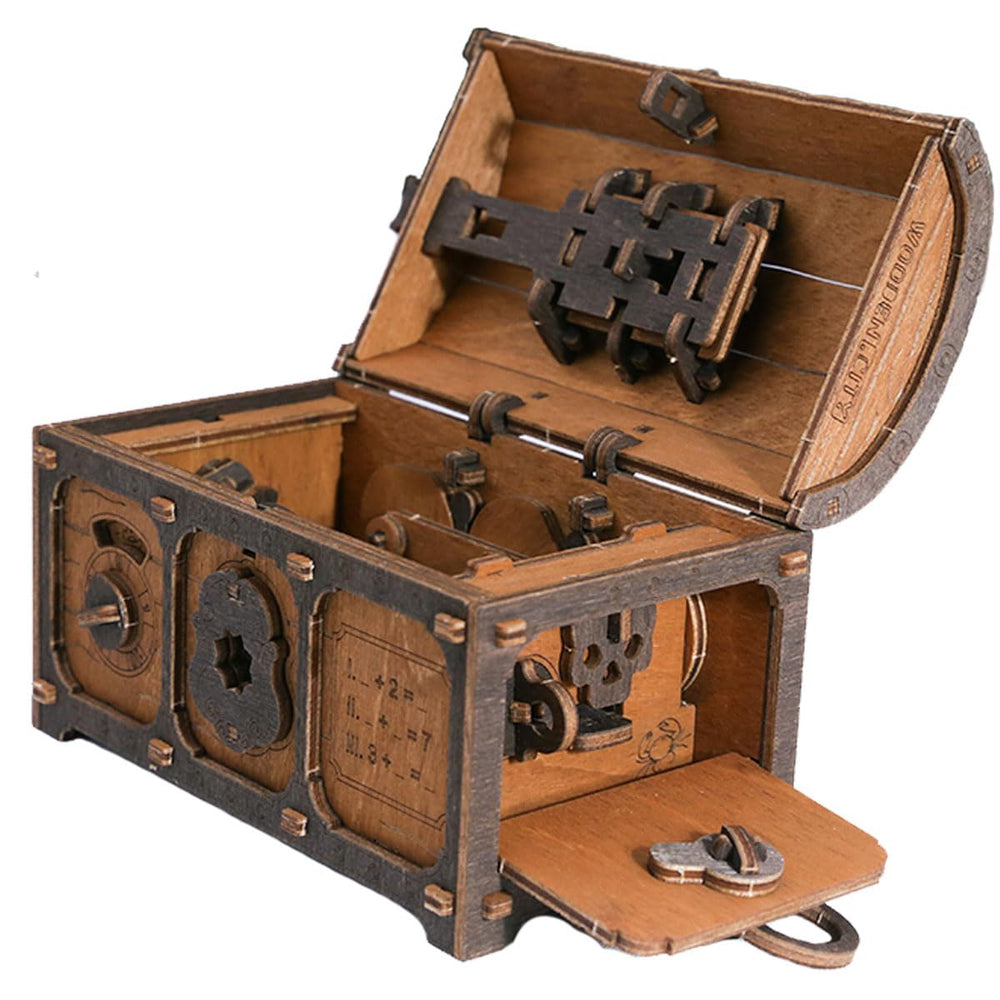 Wooden.City Treasure Chest Puzzle Box closure mechanism highlights step-by-step unlocking.