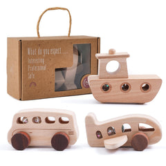 WOODEN TEETHER wooden cars bus with safe rolling beads for imaginative play