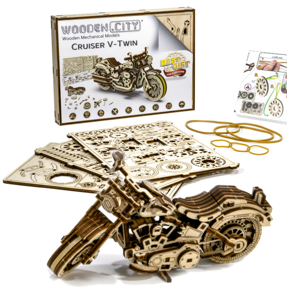 WOODEN.CITY Cruiser VTwin puzzle assembly process with interlocking parts