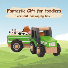 WoodenEdu green wooden push toy tractor promotes precise finger movements.