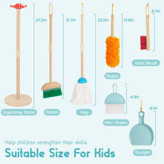 WoodenEdu Kids Cleaning Set mop with longer handle for easy pretend cleaning.