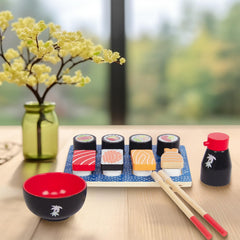 WoodenEdu sushi chopsticks, bowls, and sauce dish inspire pretend meals and color recognition.