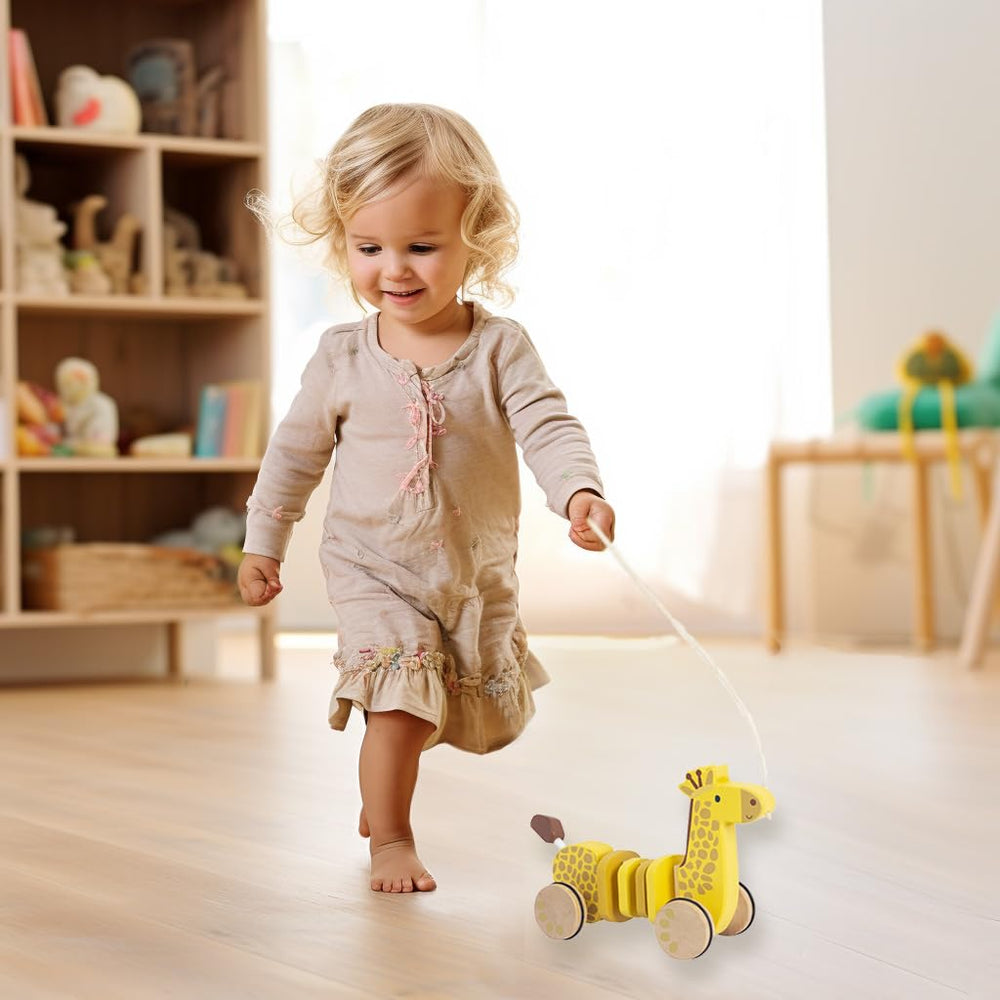WoodenEdu toddler walking support toy, side view, promotes balance and imaginative play.