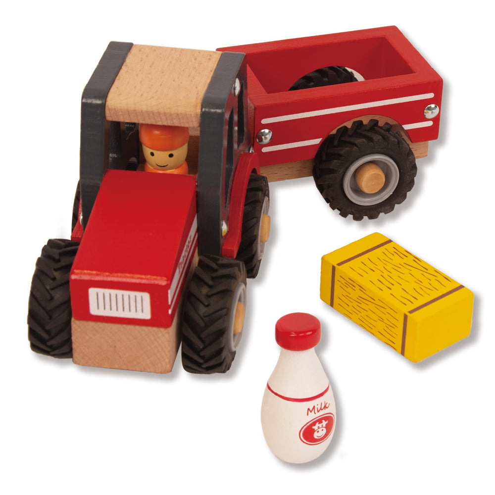 WoodenEdu red tractor toy from front view—encourages imaginative farm play for toddlers