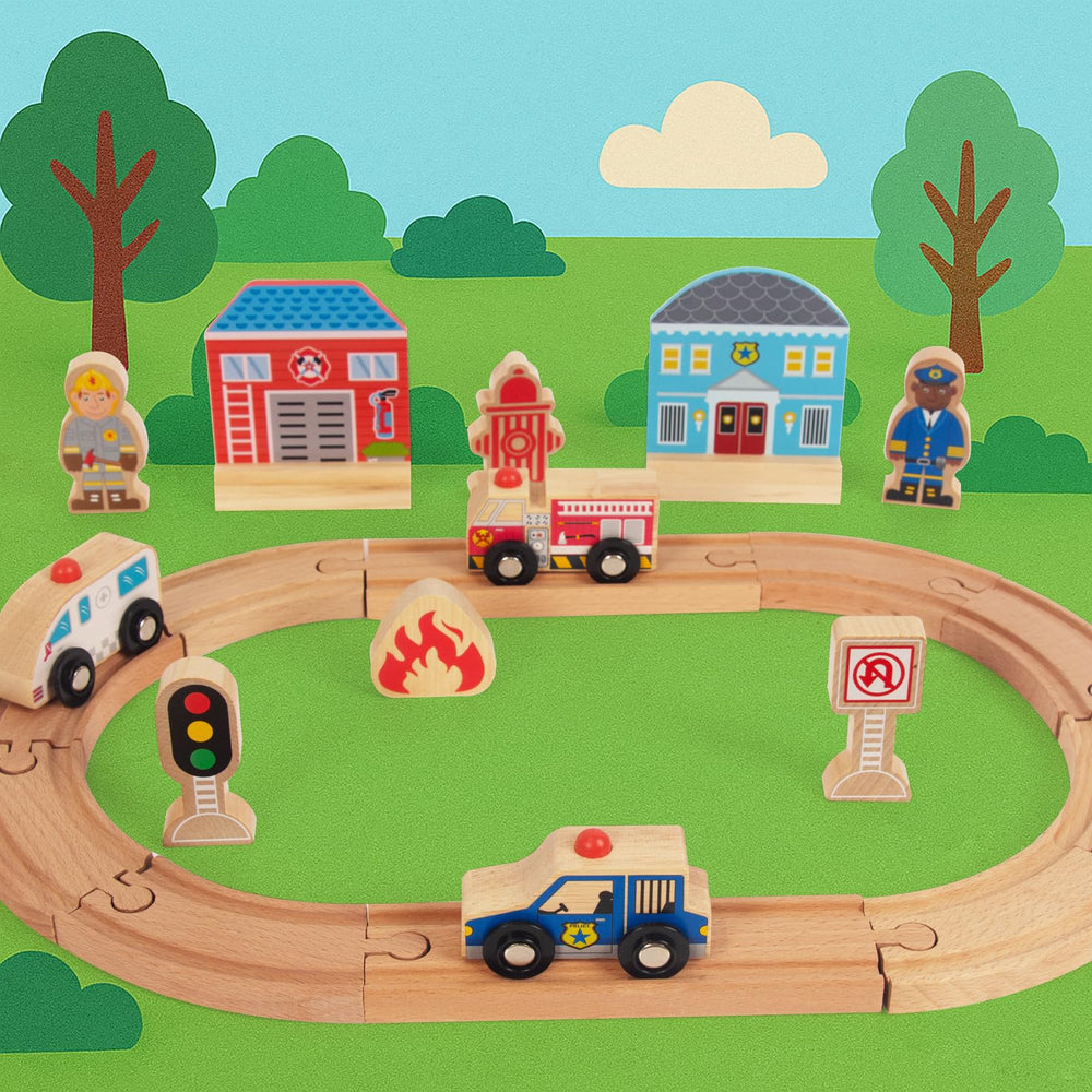WOODENFUN expandable track configurations encourage open-ended building and problem-solving fun.