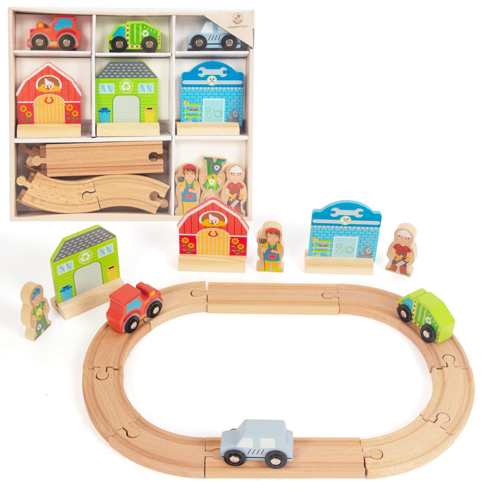 WOODENFUN Wooden Train Set farm track section sparks imaginative play.