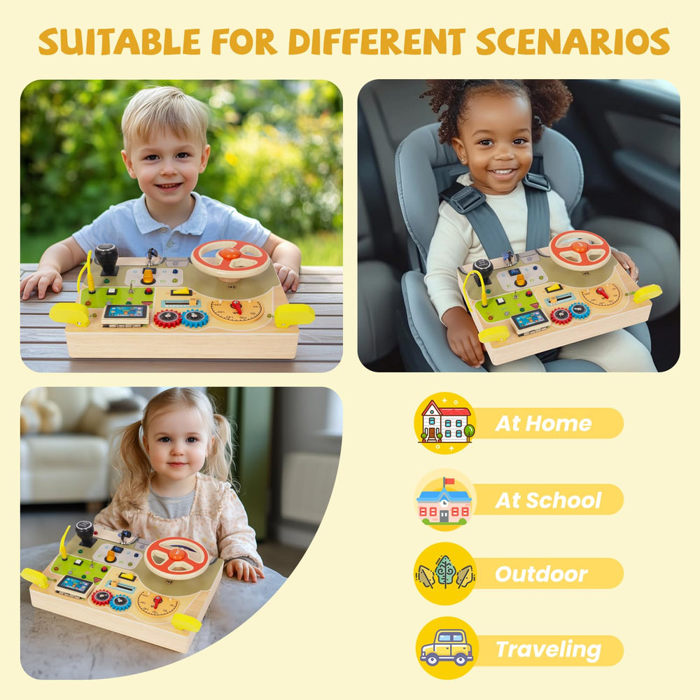 Woodenfun Montessori Busy Board hazard lights aid visual tracking and sequential play.