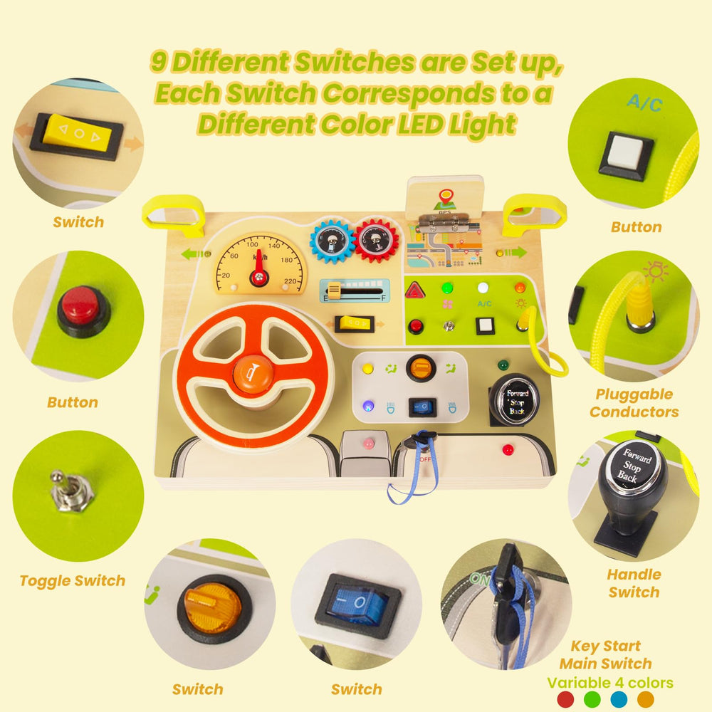 Woodenfun Montessori Busy Board ignition switch prompts tactile engagement in car-themed play.