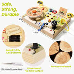 Woodenfun Montessori Busy Board turn signals encourage motor exploration and awareness.