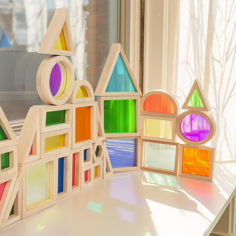 Woodenfun blocks promote parent-child interaction during cooperative building.