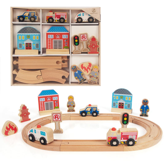 WOODENFUN police train track assembly highlights durable, kid-safe construction for imaginative play.