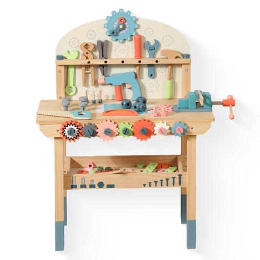 WOODENFUN power tool workbench for kids, encouraging imaginative building with a realistic setup.