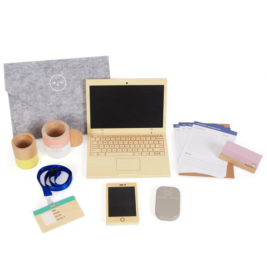 WOODENFUN pretend office laptop with chalkboard screen for imaginative play