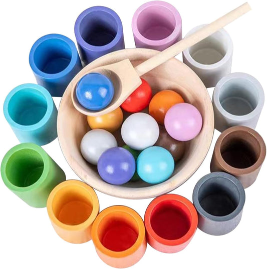 WOODENFUN rainbow balls in cups promote color recognition and counting for toddlers