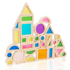 Woodenfun 32-piece rainbow building blocks for creative stacking and learning.