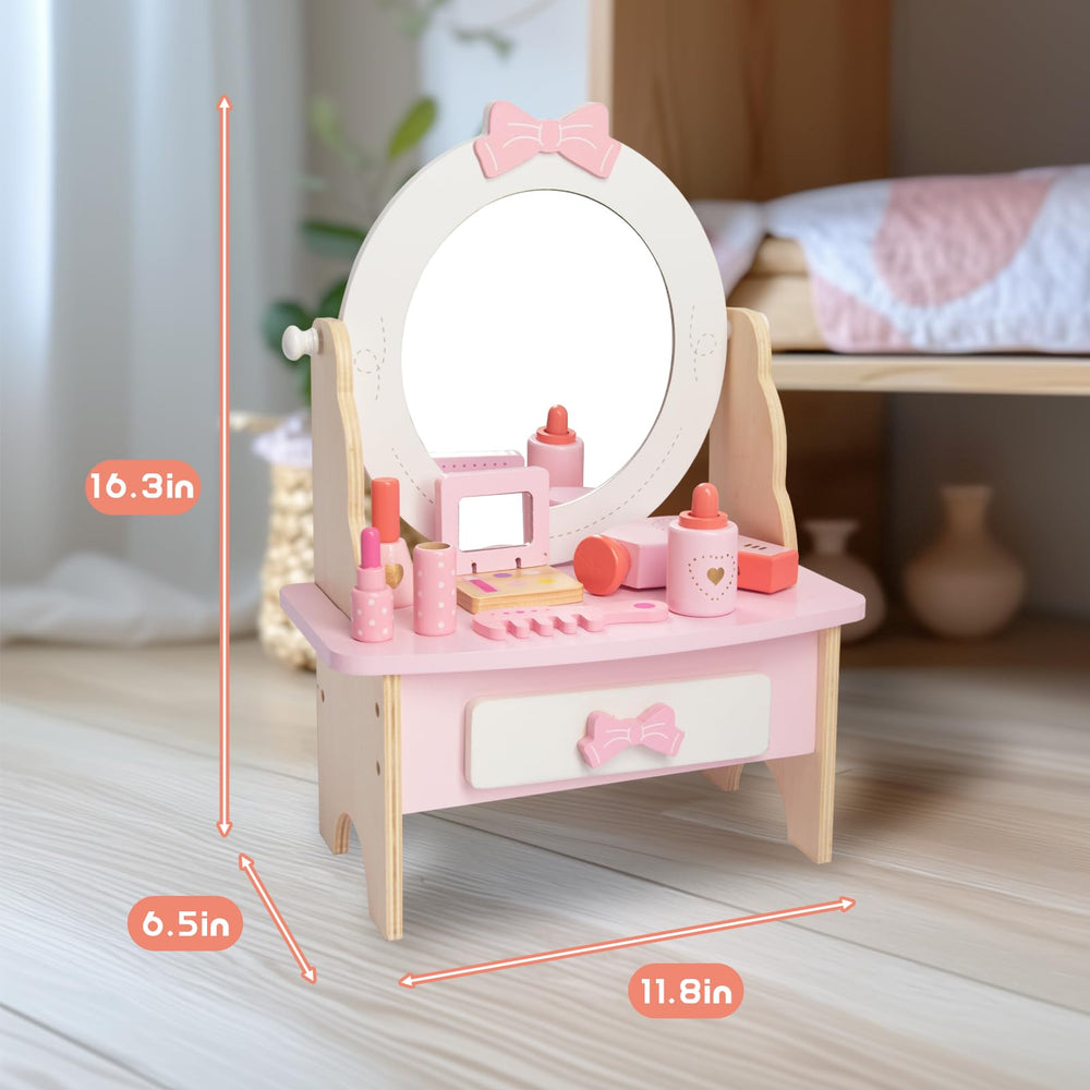 WOODENFUN wooden vanity table offers sturdy, safe play furniture.