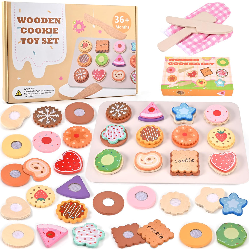Wooderma cookie play set tray shows biscuits ready for imaginative baking and pretend meals.