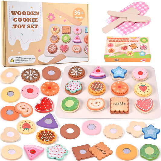 Wooderma cookie play set tray shows biscuits ready for imaginative baking and pretend meals.