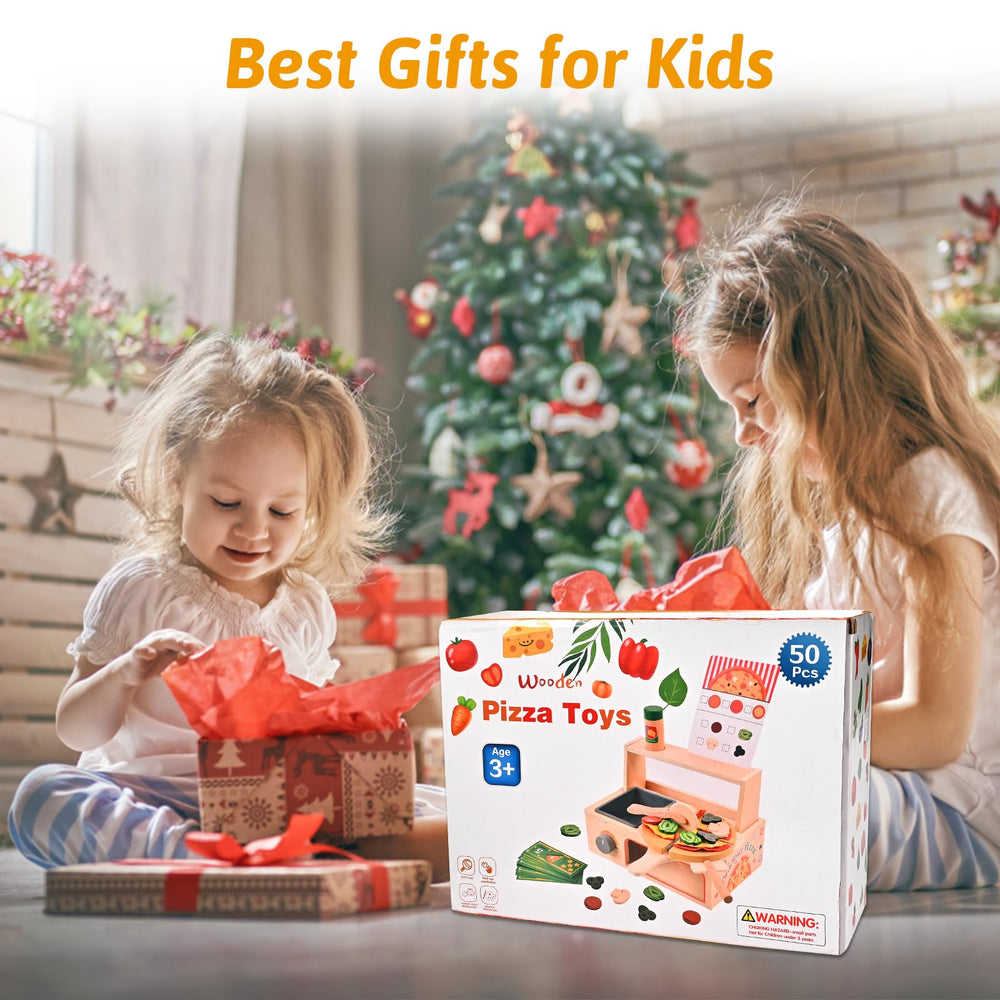 Wooderma pizza playset promotes cooperative play during pretend restaurant fun.