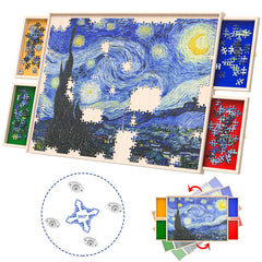 Woodever puzzle board with rotatable wheels for easy repositioning.