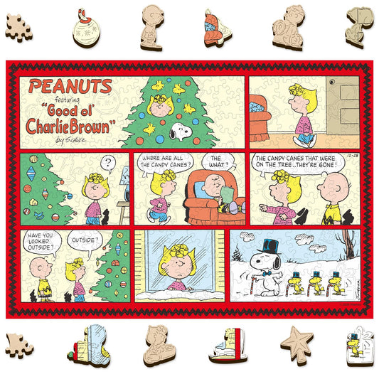 WOODLUX Peanuts 300-piece puzzle with Charlie Brown and Snoopy, ideal family night.