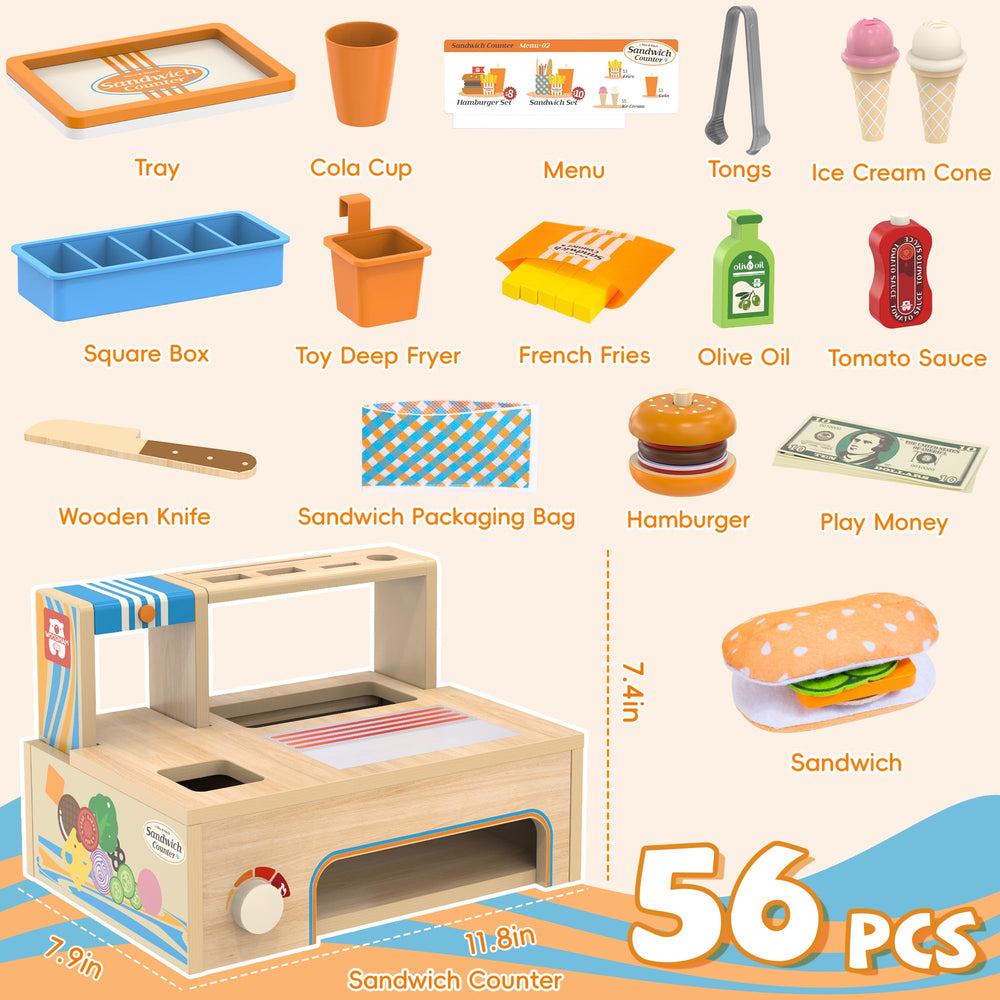WOODMAM 56-piece play food with detailed burgers and sandwiches for imaginative meals.