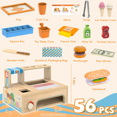 WOODMAM 56-piece play food with detailed burgers and sandwiches for imaginative meals.