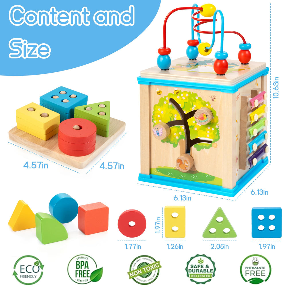 WOODMAM 7-in-1 activity cube animal slider demonstrates movement and timing