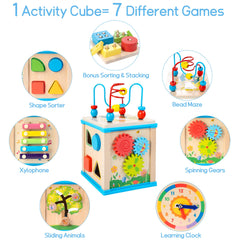 WOODMAM 7-in-1 activity cube bead maze close-up promoting fine motor skills