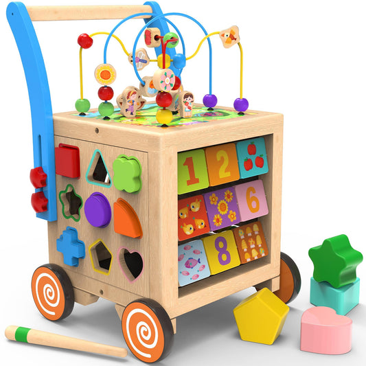 WOODMAM 9-in-1 Activity Cube on walker with adjustable height for growing toddlers.