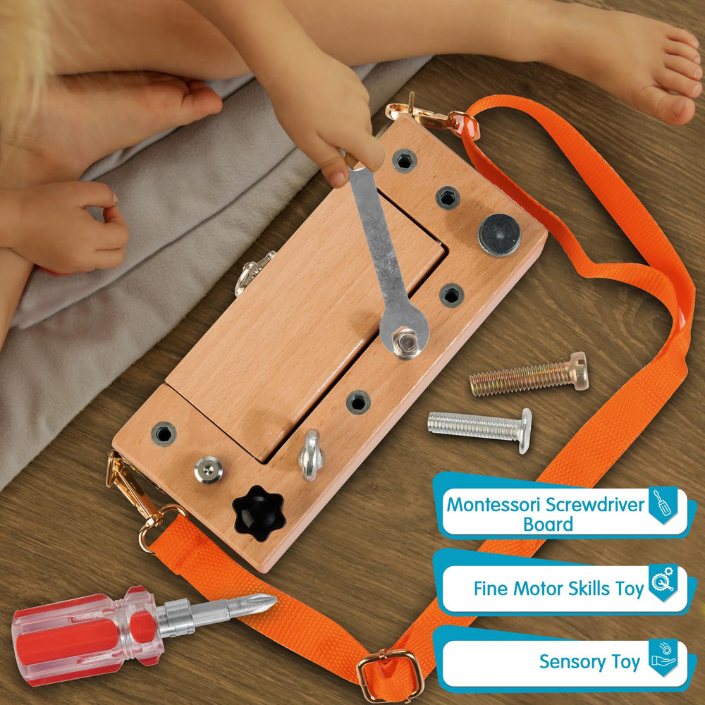 WOODMAM portable screwdriver toy supports hand-eye coordination during pretend play.