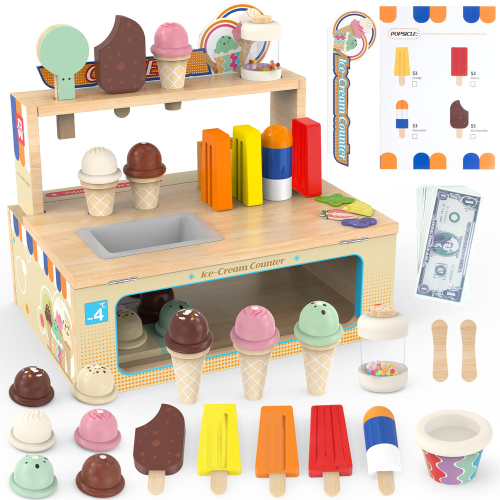 WOODMAM foldable ice cream counter setup shown for organized pretend play