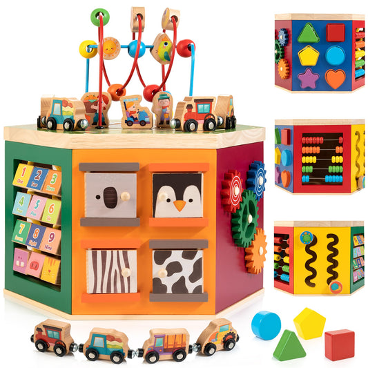 WOODMAM Large Activity Cube farm play center with colorful panels to develop early skills.