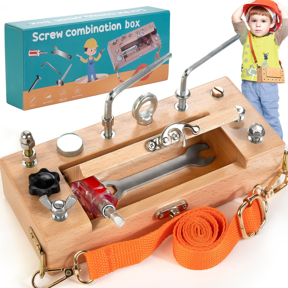 WOODMAM Montessori screwdriver board with storage box for organized play and fine motor practice.