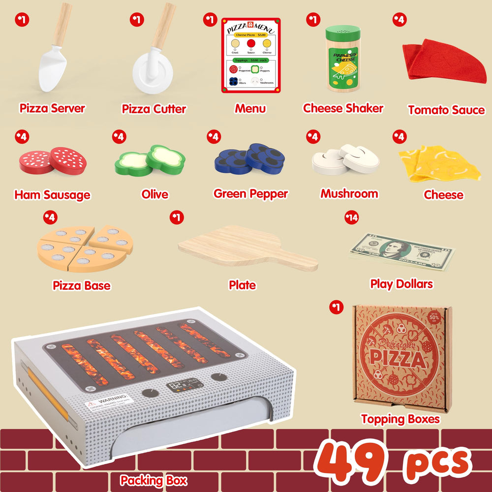 WOODMAM illustrated pizza menu with prices; introduces basic math during play
