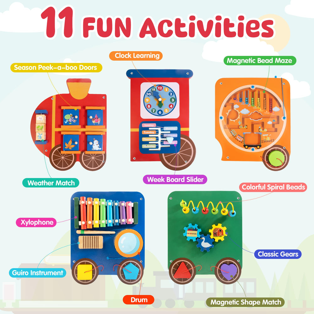 Woodmam sensory wall panel for color and shape recognition inspires curious toddlers.